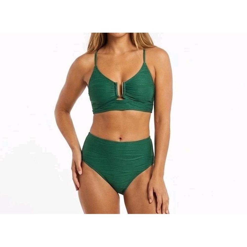 Women's Green Textured Ribbed 2 Piece Bikini Set Spaghetti Strap B Cup Size M